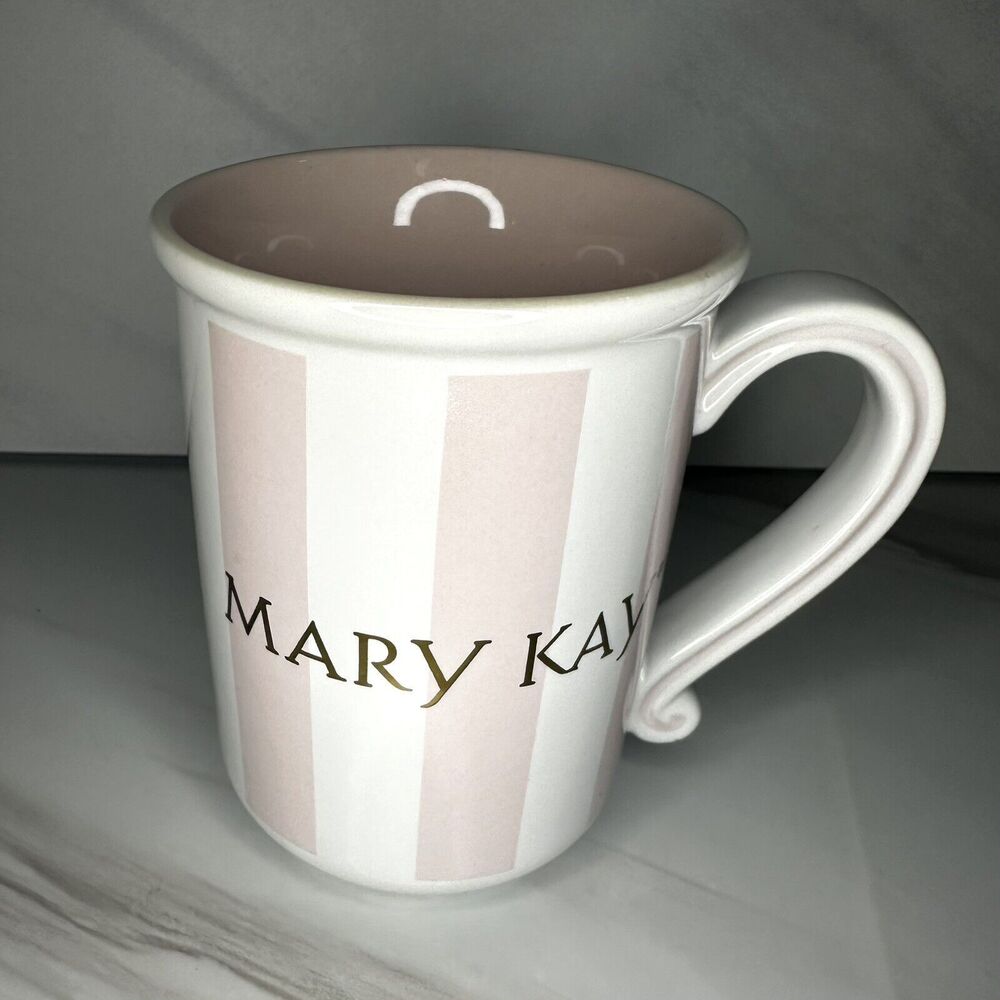 MARY KAY Pink/White Stripe Collectible Coffee Cup Mug Make Up